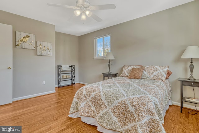 bedroom featuring ceiling fan and light hardwood / wood-style flooring