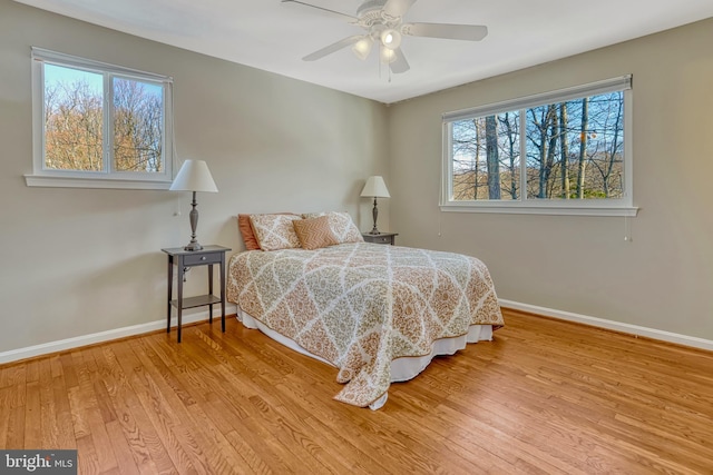 bedroom featuring ceiling fan and light wood-type flooring