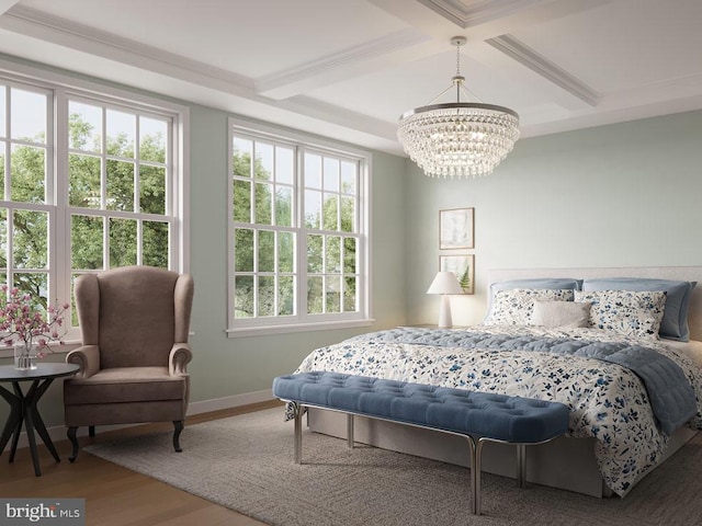 bedroom with baseboards, coffered ceiling, wood finished floors, beamed ceiling, and a notable chandelier