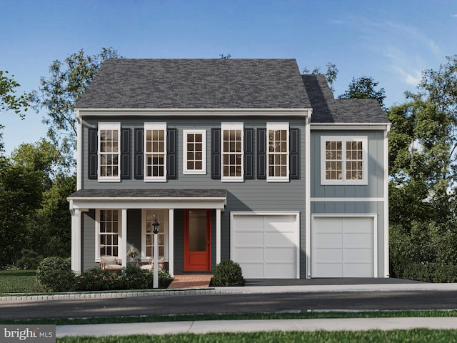 view of front of home with a garage, a porch, and board and batten siding