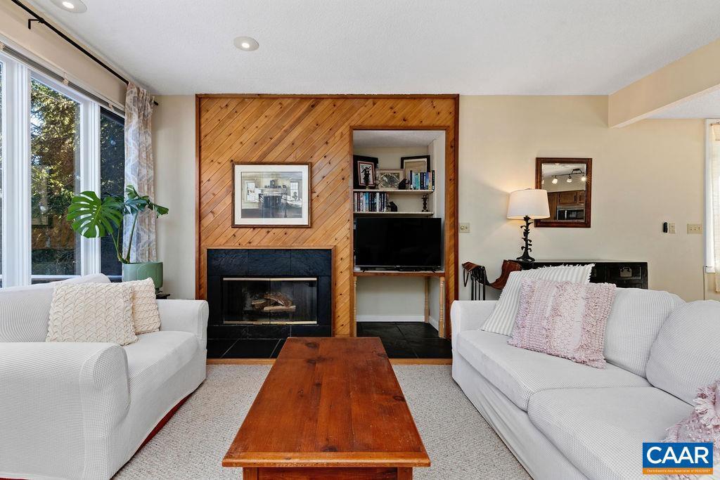 living room with wood walls