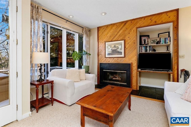 living area with carpet floors, a baseboard radiator, and wooden walls