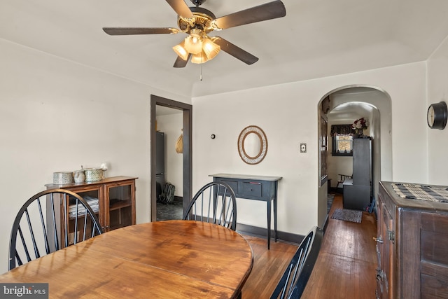 dining room with ceiling fan and dark hardwood / wood-style flooring