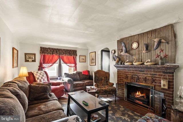 living room with a fireplace