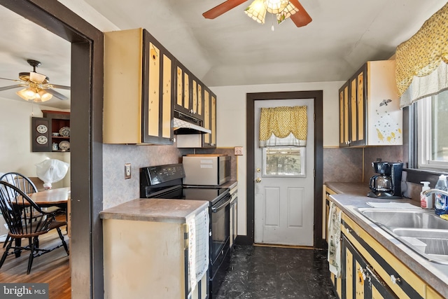 kitchen featuring black / electric stove, ceiling fan, sink, and backsplash