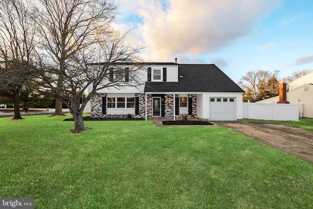 view of property with a yard and a garage