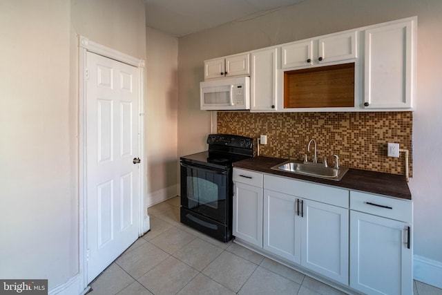 kitchen featuring white cabinets, black range with electric cooktop, sink, backsplash, and light tile patterned floors