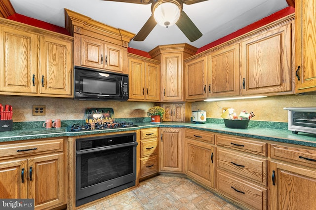 kitchen with ceiling fan and black appliances