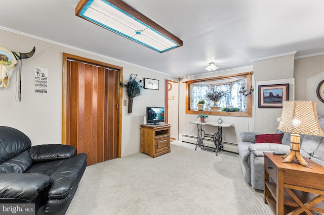 carpeted living room with baseboard heating and crown molding