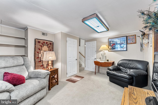 carpeted living room featuring ornamental molding