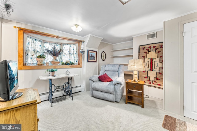 sitting room featuring a baseboard heating unit, ornamental molding, and light carpet