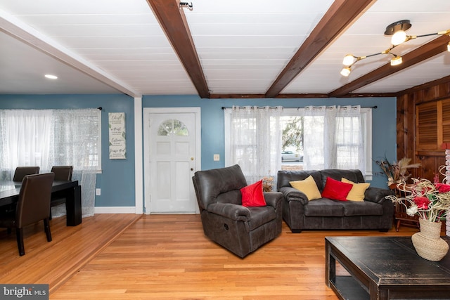 862 Bay Ave, Toms River, NJ 08753 - living room with beamed ceiling and light hardwood / wood-style floors