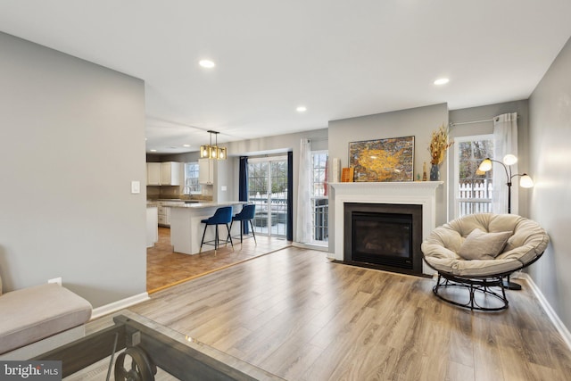 living room featuring sink and light hardwood / wood-style floors