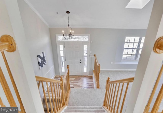 carpeted entrance foyer with crown molding and an inviting chandelier