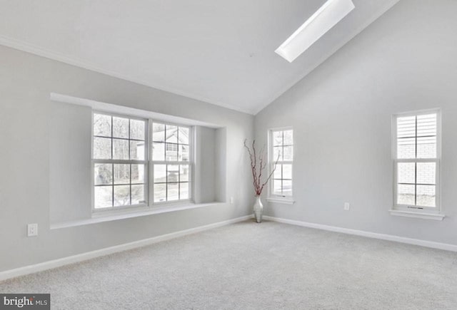 spare room featuring carpet, a skylight, and high vaulted ceiling