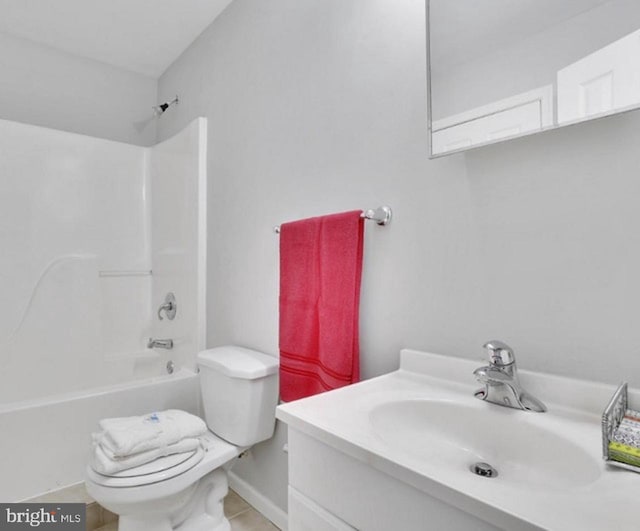 full bathroom with toilet, vanity, and shower / bath combination