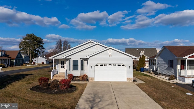 single story home with a front yard and a garage