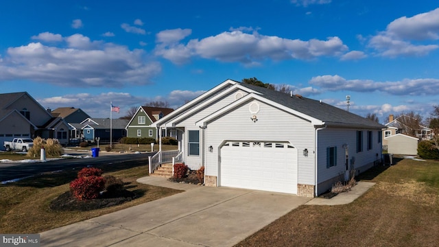 view of front facade with a garage, a front yard, and cooling unit