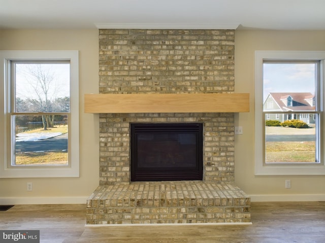 details with a brick fireplace and hardwood / wood-style flooring