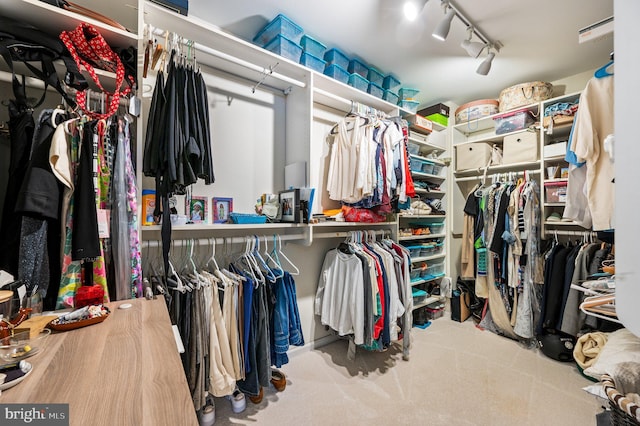 walk in closet with light colored carpet