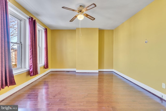 empty room with ceiling fan, plenty of natural light, and light hardwood / wood-style flooring