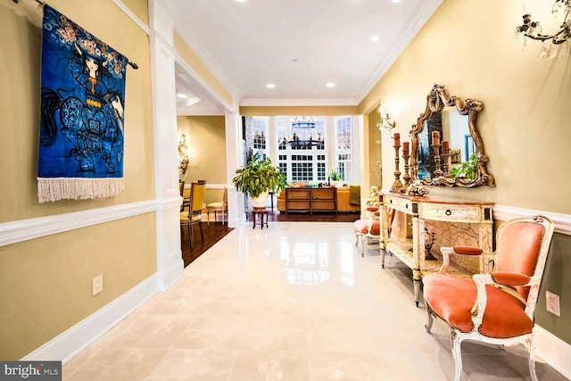 hallway featuring crown molding