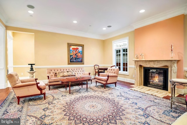 living room with ornamental molding, wood-type flooring, and a fireplace