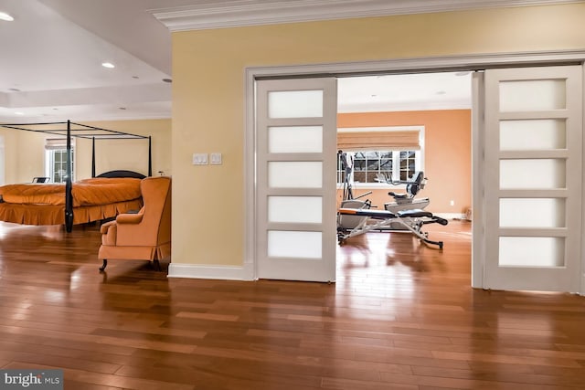 doorway to outside featuring dark wood-type flooring, ornamental molding, and built in features