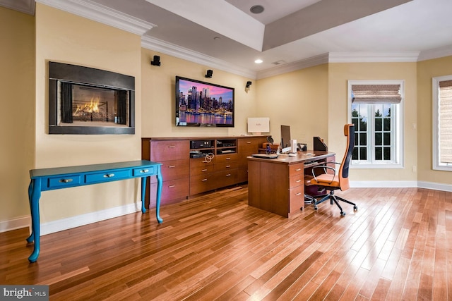 home office with ornamental molding and light hardwood / wood-style flooring