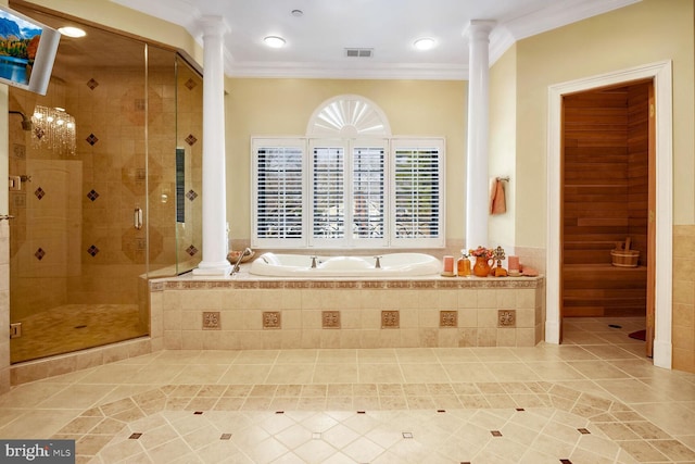 bathroom featuring crown molding, decorative columns, plus walk in shower, and tile patterned floors