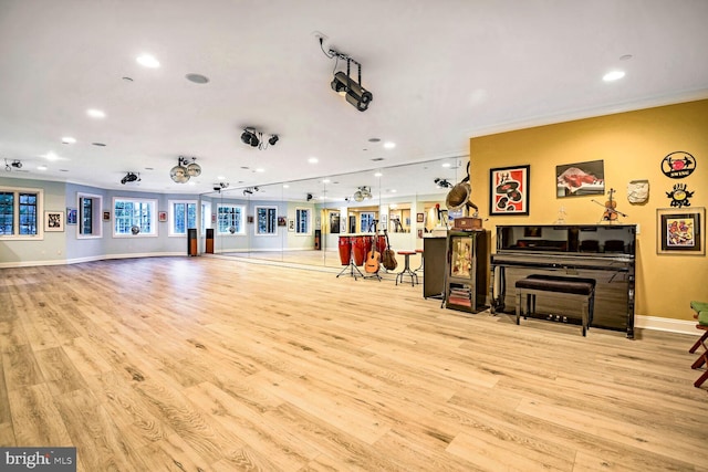 misc room featuring crown molding and light hardwood / wood-style flooring