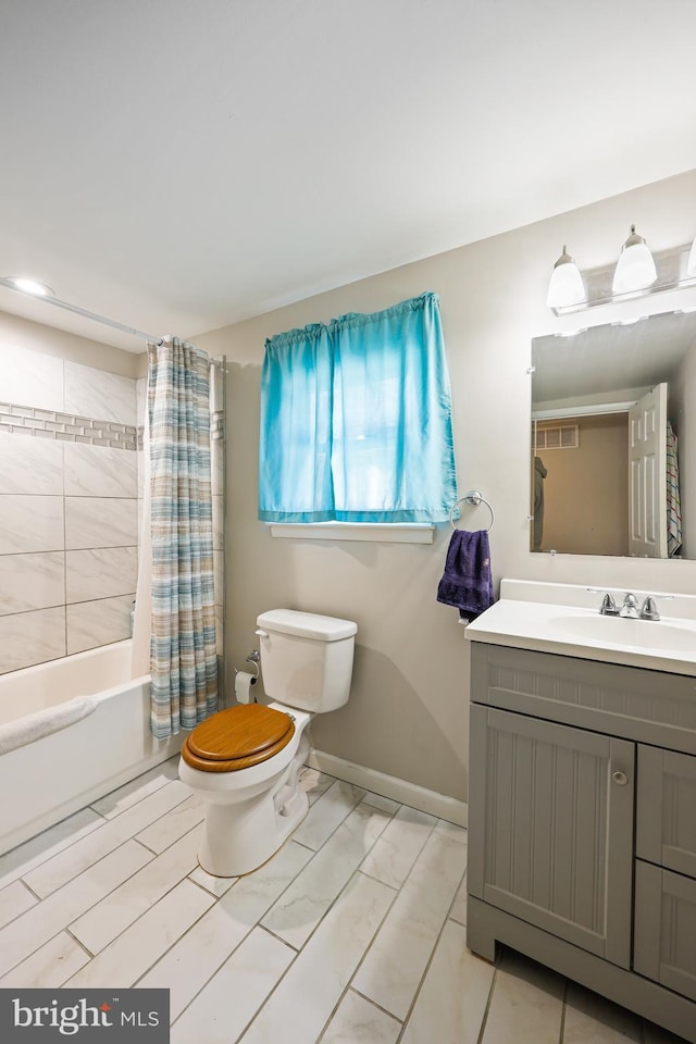 full bathroom with toilet, vanity, and shower / bathtub combination with curtain