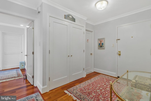 entrance foyer featuring wood-type flooring and ornamental molding