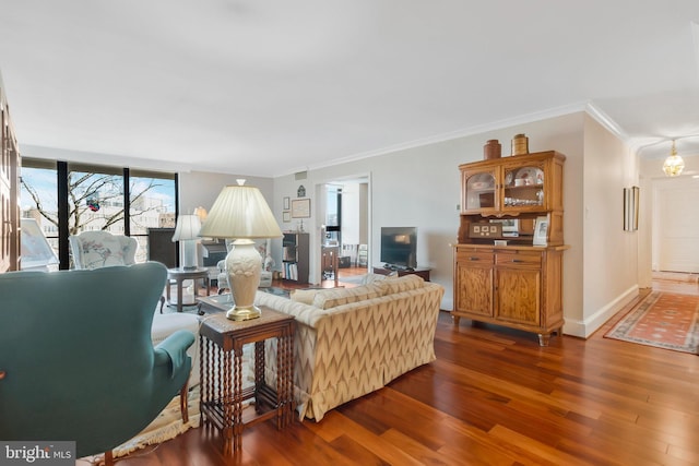 living room featuring dark wood-type flooring and ornamental molding