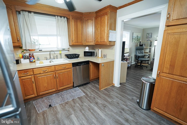 kitchen featuring sink, ornamental molding, appliances with stainless steel finishes, dark hardwood / wood-style flooring, and ceiling fan