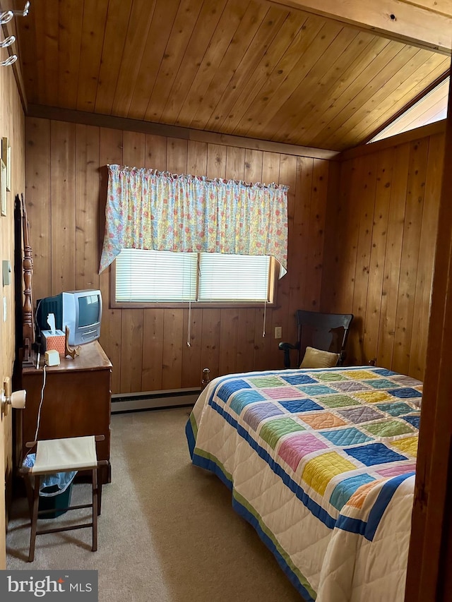 carpeted bedroom featuring a baseboard heating unit, lofted ceiling, and wooden walls