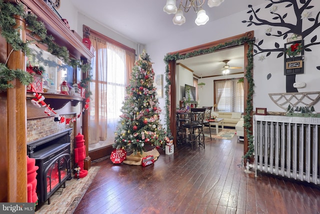 interior space with dark wood-type flooring, ceiling fan with notable chandelier, and a wood stove