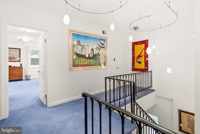 hallway featuring carpet floors and crown molding