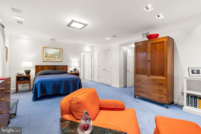 bedroom featuring crown molding and light colored carpet