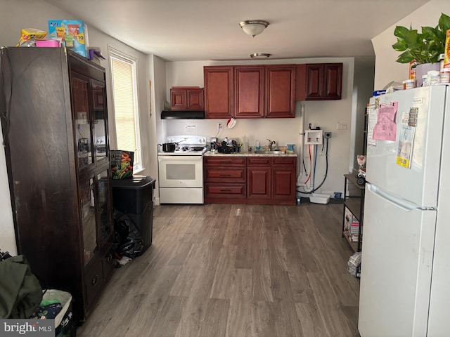 kitchen with sink, white appliances, and dark wood-type flooring