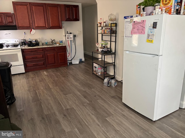 kitchen with sink, white appliances, and dark hardwood / wood-style floors