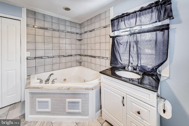 bathroom featuring vanity, tile patterned floors, crown molding, and a bath