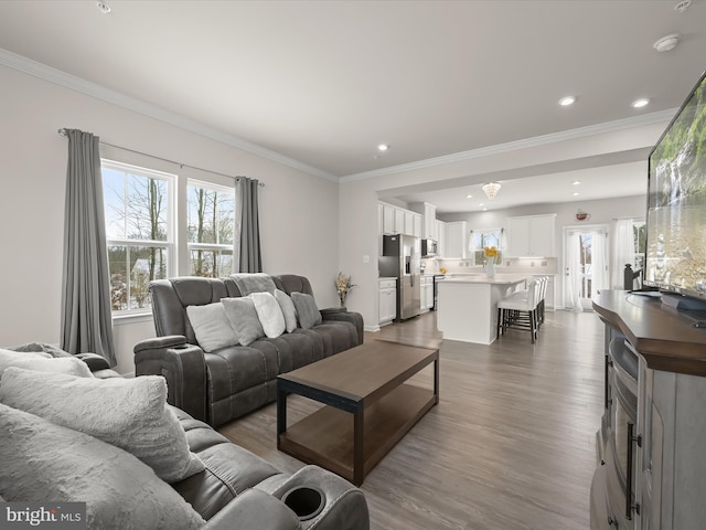 living room with hardwood / wood-style floors and crown molding