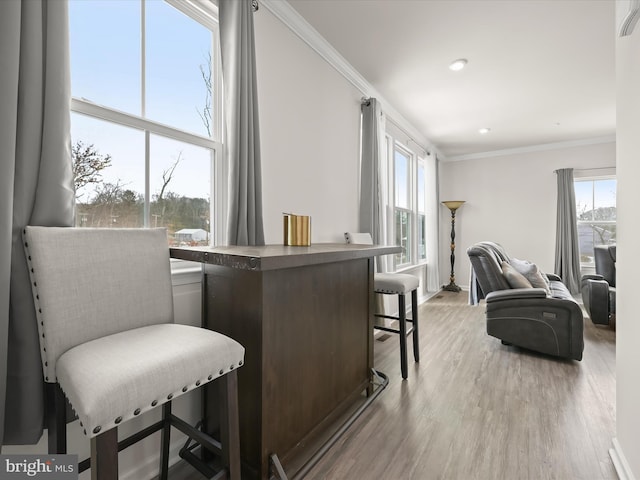 interior space featuring crown molding and light wood-type flooring