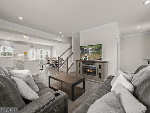 living room with hardwood / wood-style flooring and ornamental molding