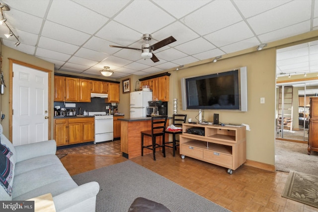 living room with ceiling fan and dark parquet floors