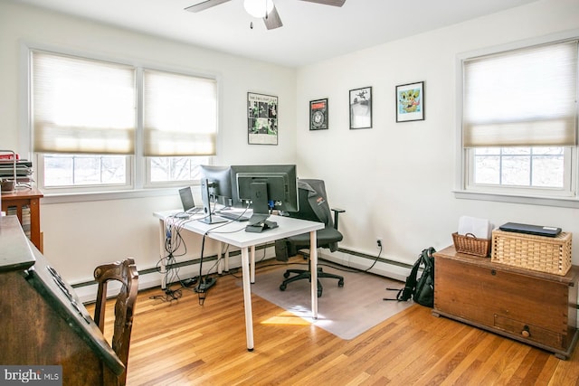 office area with ceiling fan and light hardwood / wood-style flooring