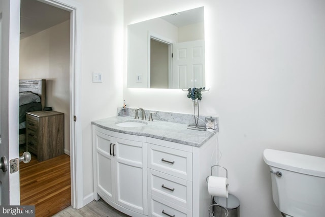 bathroom with vanity, wood-type flooring, and toilet