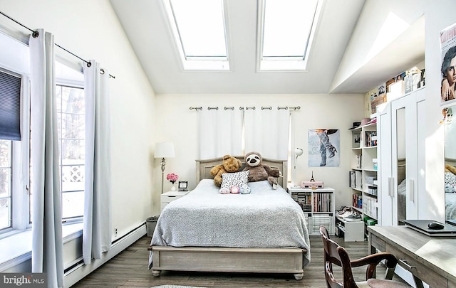 bedroom featuring dark hardwood / wood-style floors, a baseboard radiator, and lofted ceiling with skylight