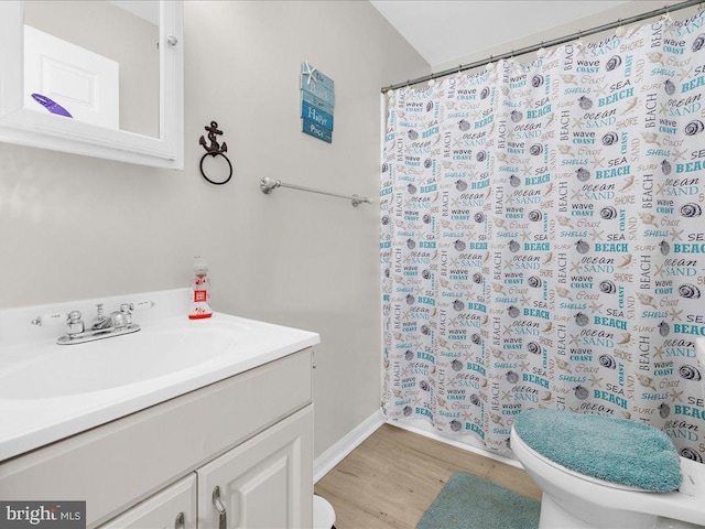 bathroom featuring hardwood / wood-style floors, toilet, a shower with shower curtain, and vanity